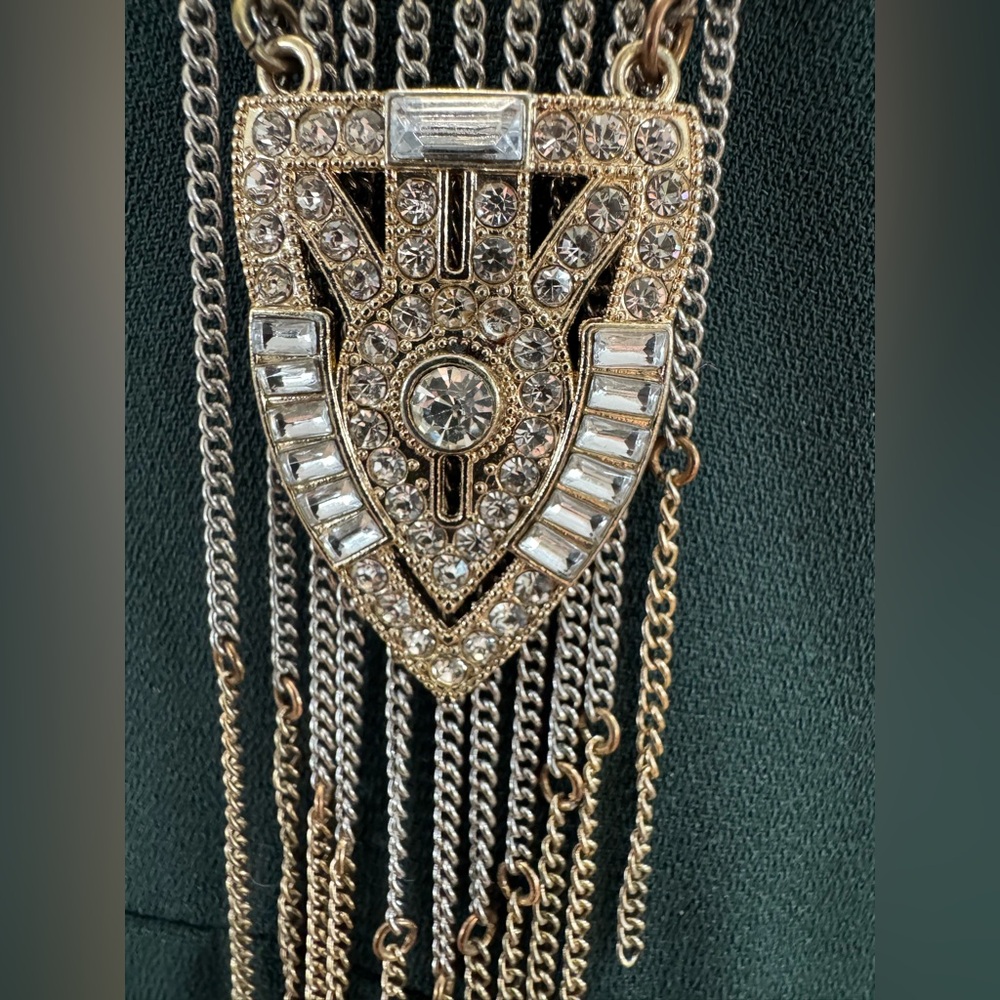 Buckle Art Deco Fringe Pendant Necklace Gold Silver Tone Geometric Statement - Picture 3 of 8